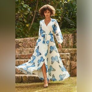 Butterfly Wings Wrap Maxi Dress Blue White